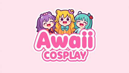 A die-cut sticker featuring three cute anime-style girls with purple, blonde, and teal hair above the text 'Awaii COSPLAY' in pink bubble letters, shown on a solid light pink background.